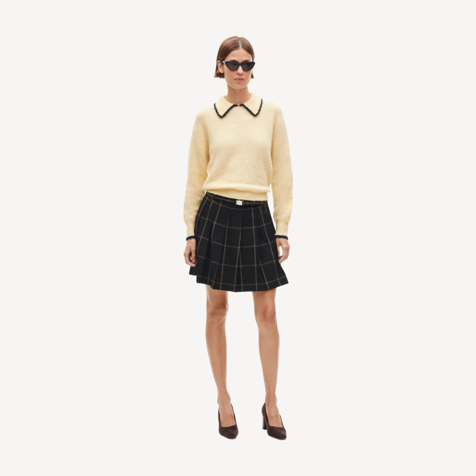 Pleated prep skirt in windowpane Gramercy suiting