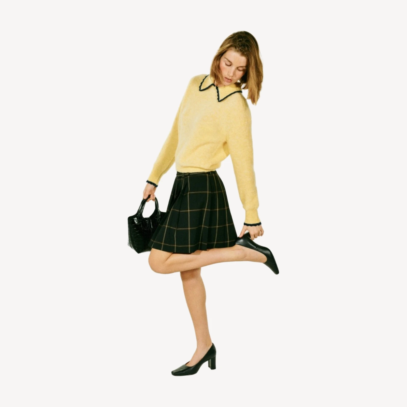 Pleated prep skirt in windowpane Gramercy suiting