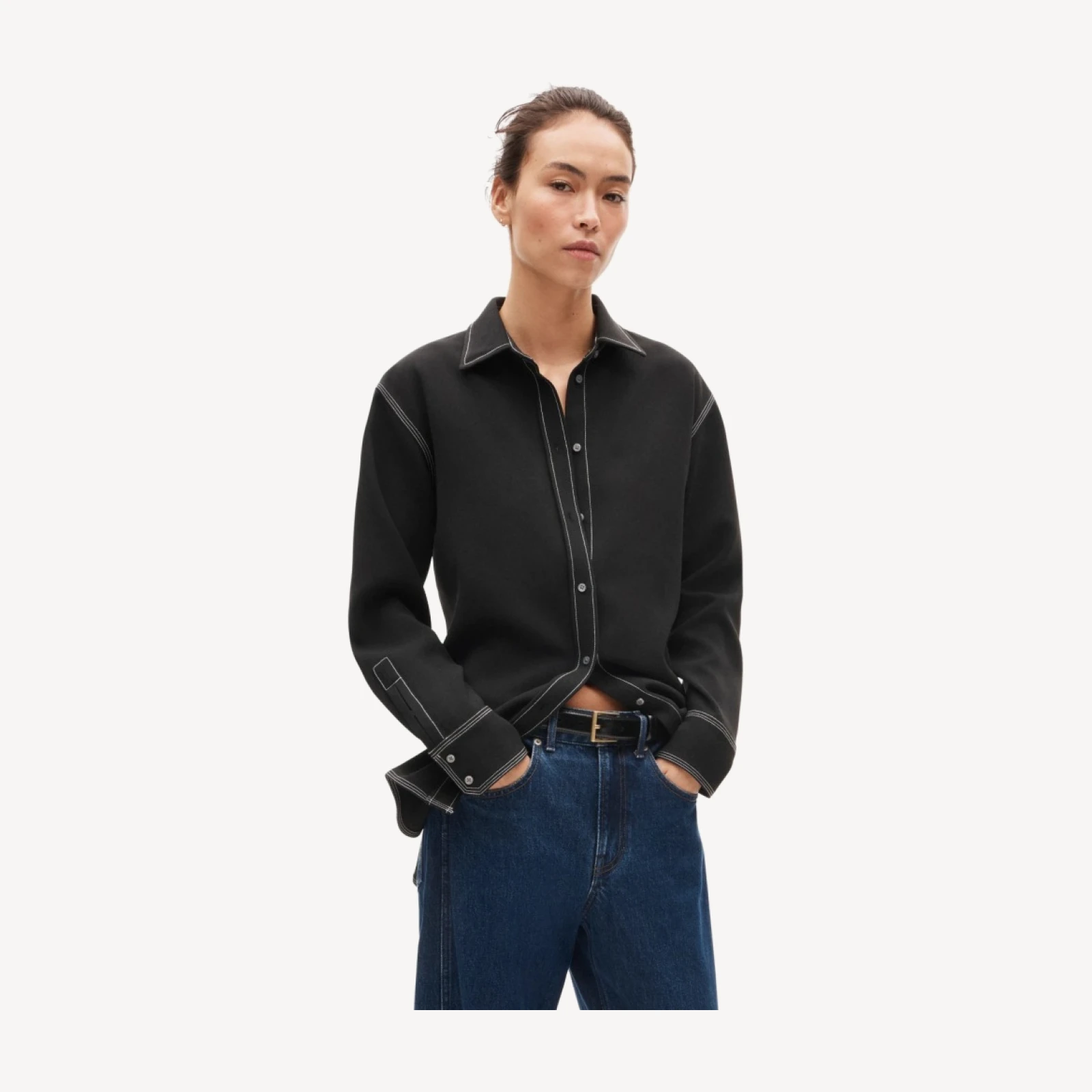 Cinched-back button-up shirt in contrast-stitch crepe de chine