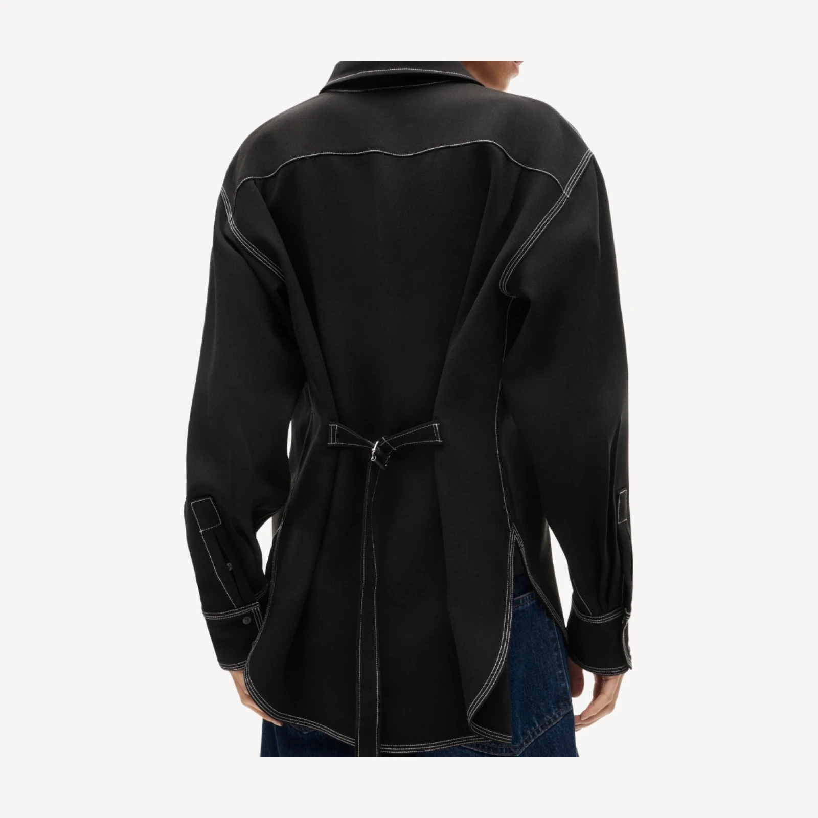 Cinched-back button-up shirt in contrast-stitch crepe de chine