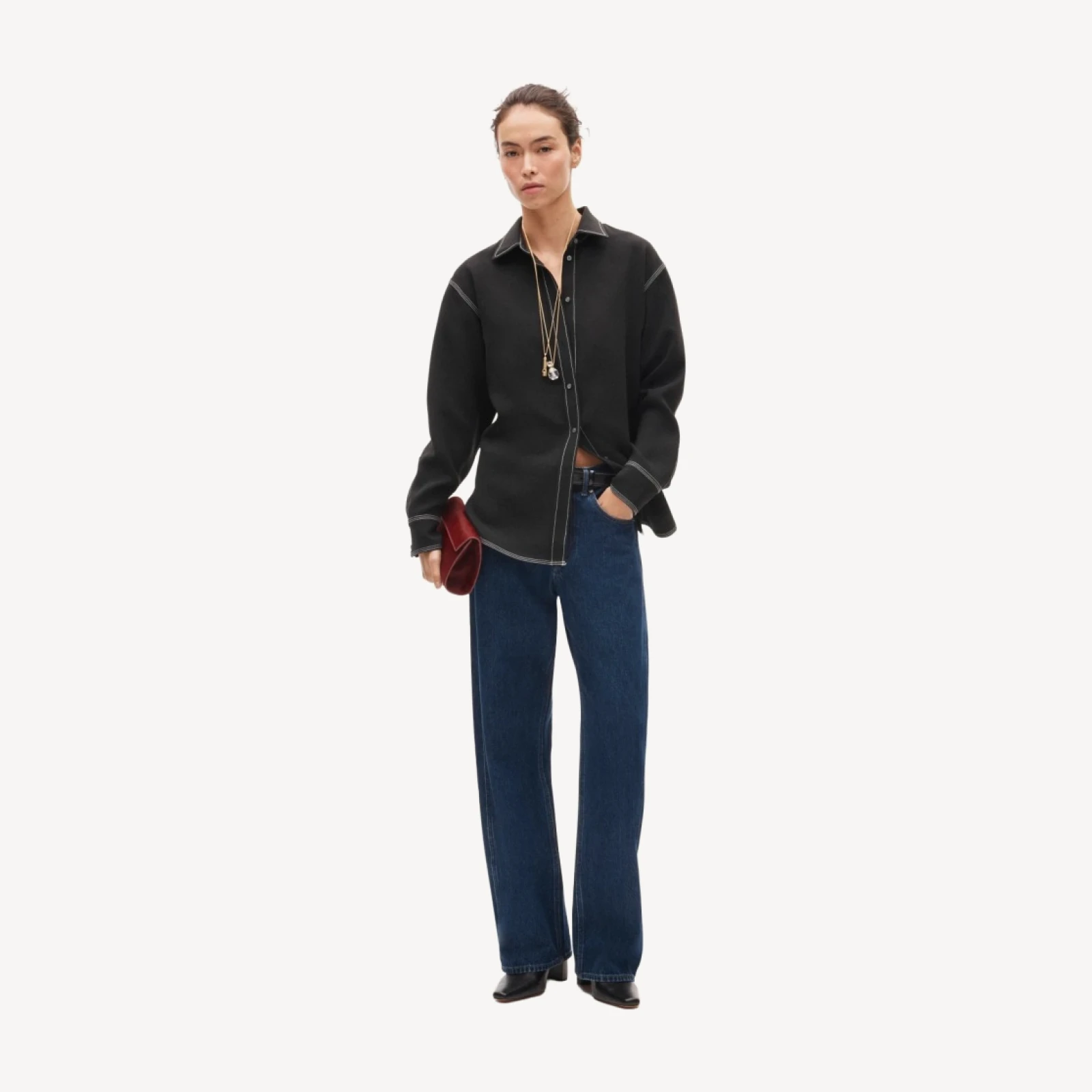 Cinched-back button-up shirt in contrast-stitch crepe de chine