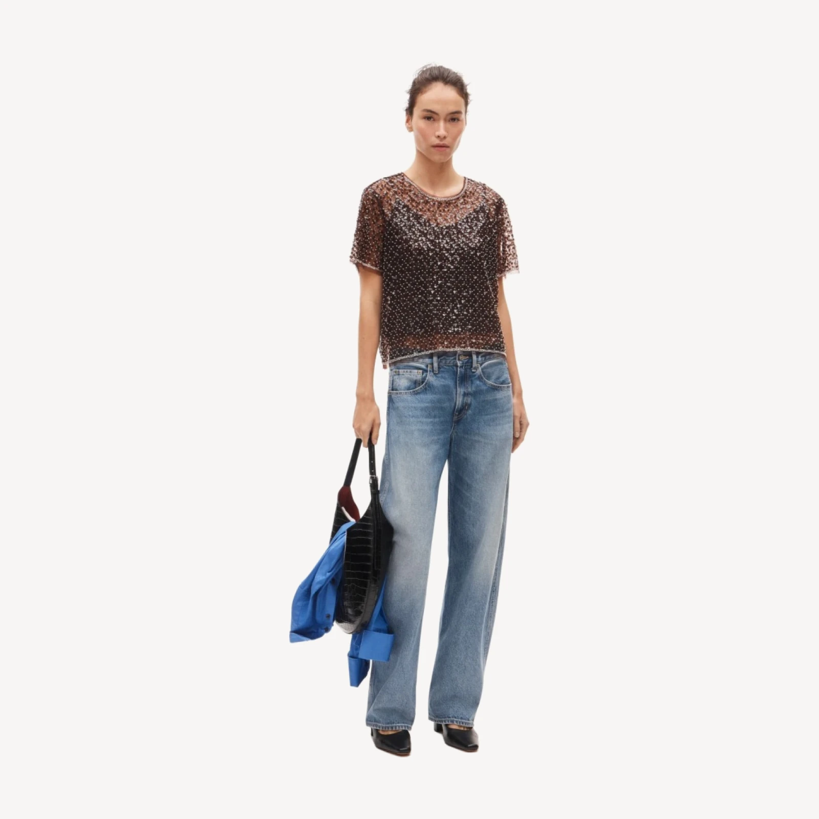 Embellished tulle short-sleeve top