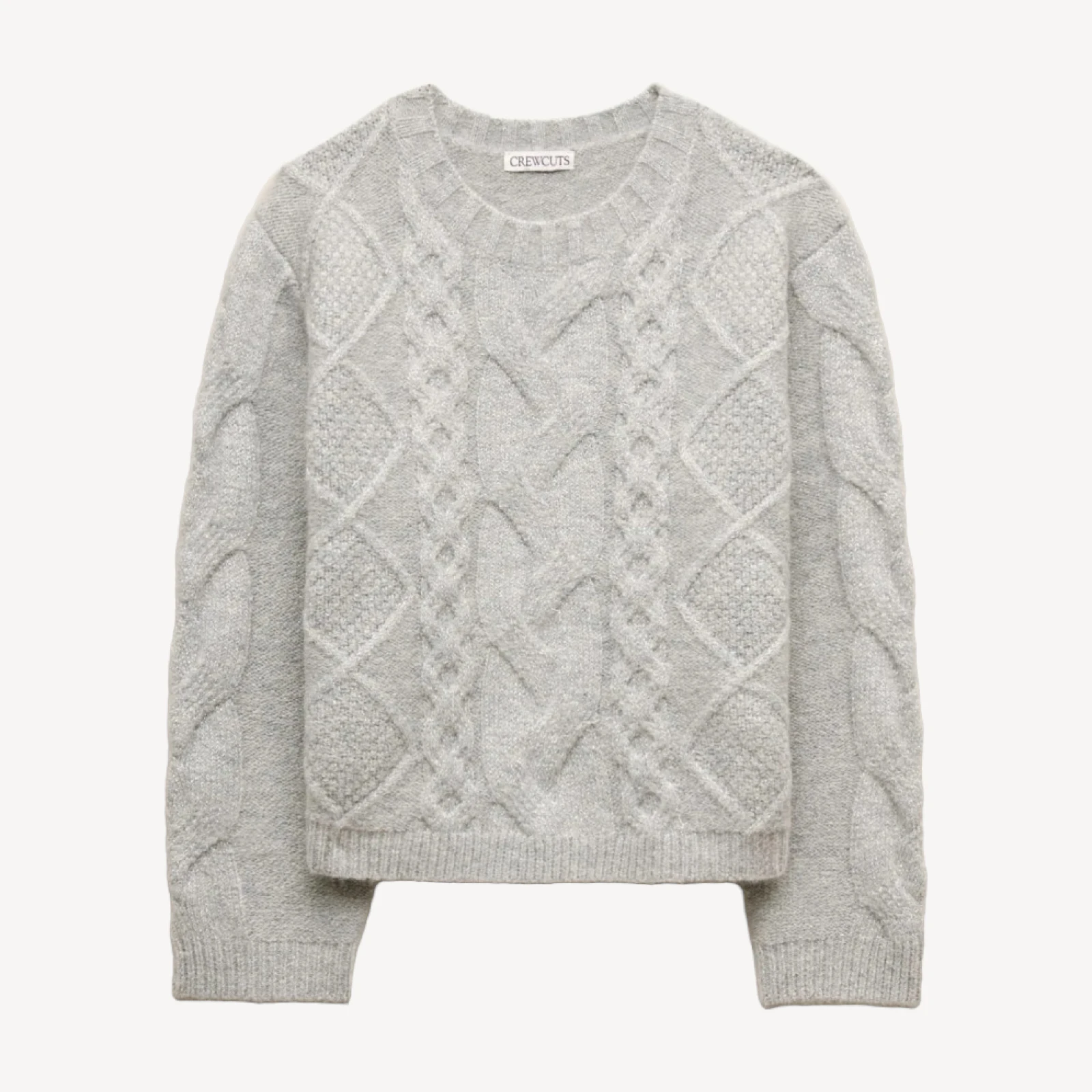 Girls' cable-knit crewneck sweater in metallic Supersoft yarn