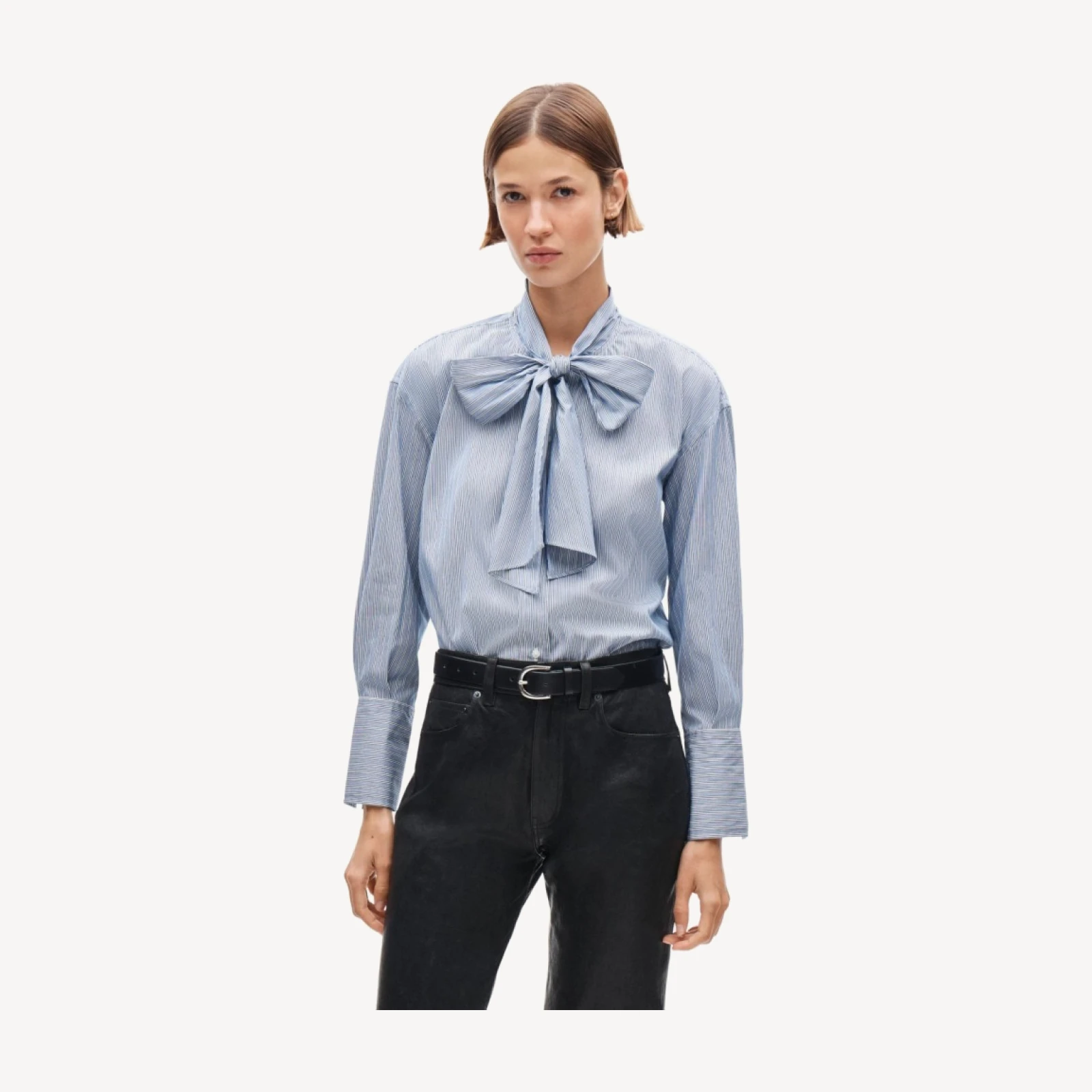 Bow button-up shirt in striped cotton poplin