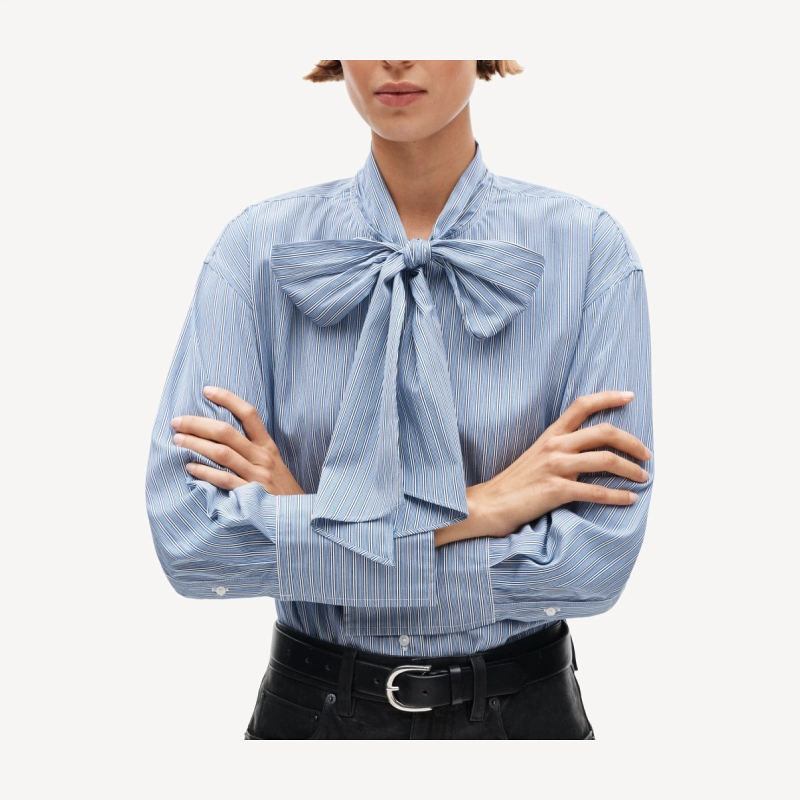 Bow button-up shirt in striped cotton poplin