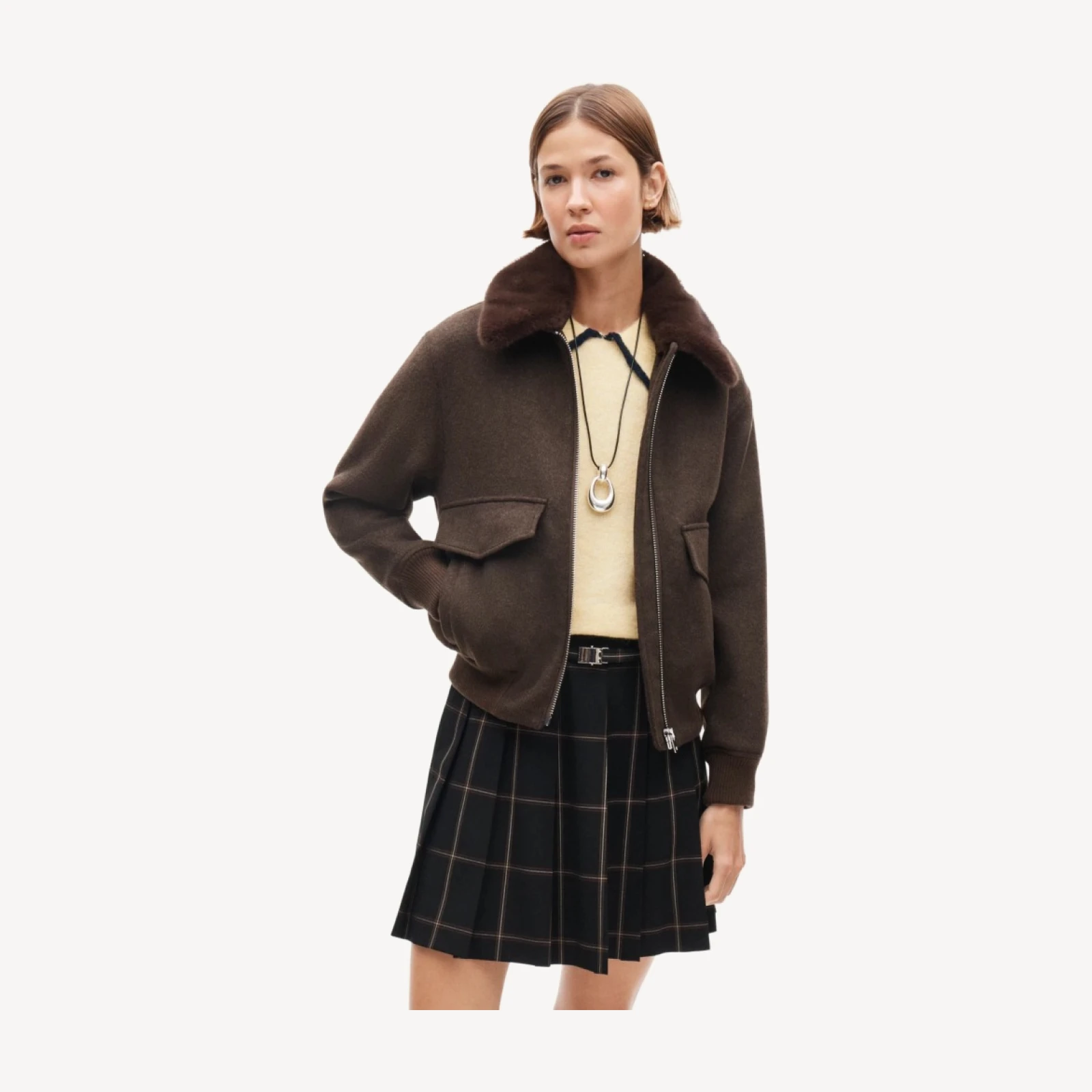 Wool-blend bomber jacket with removable faux-fur collar