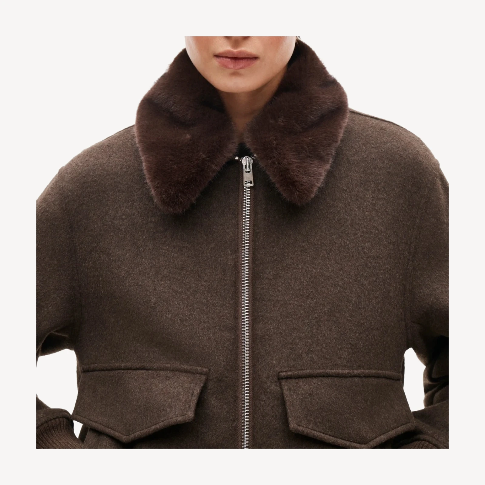 Wool-blend bomber jacket with removable faux-fur collar