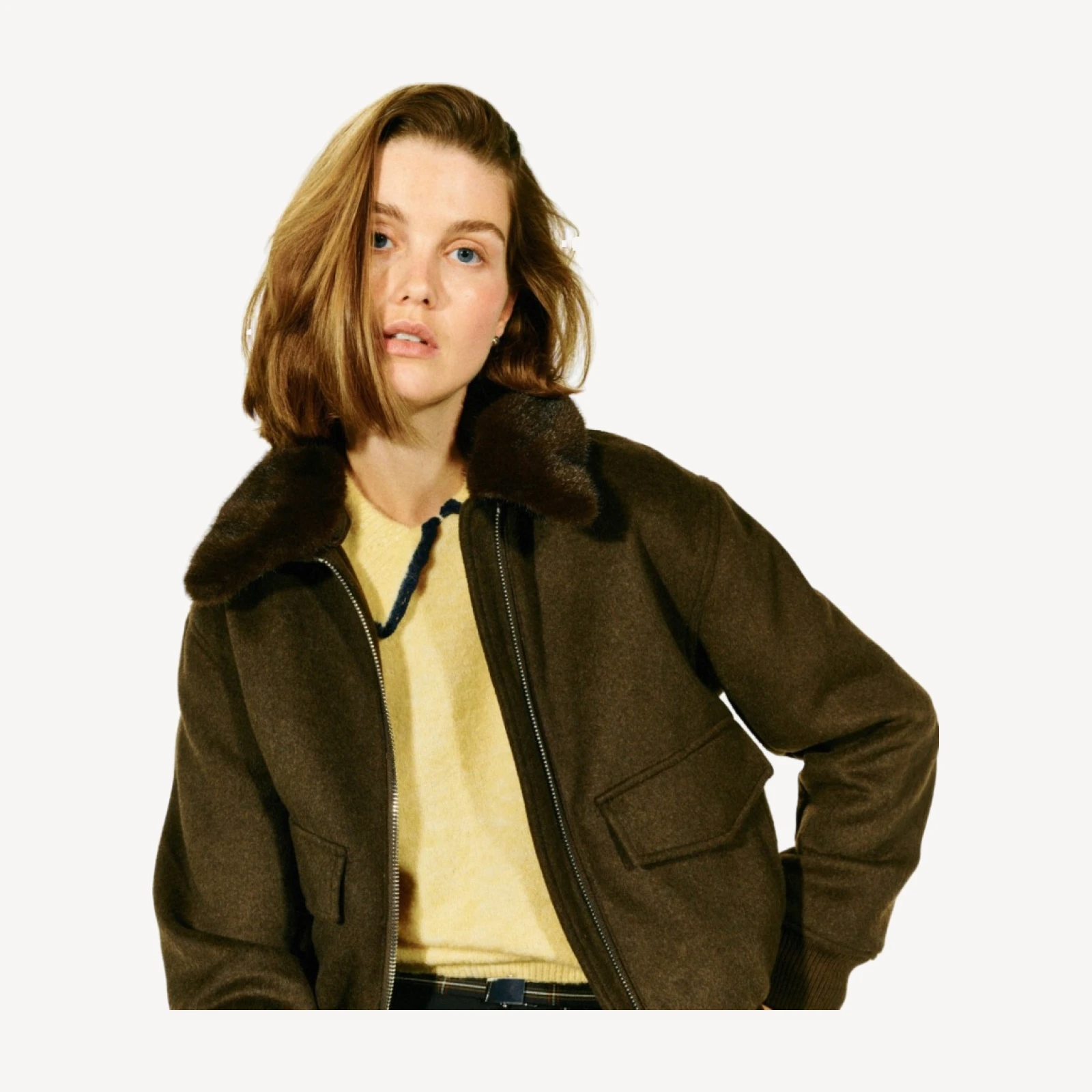 Wool-blend bomber jacket with removable faux-fur collar