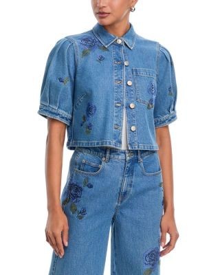 Cinq a Sept Heatset Roses Denim Halsie Top