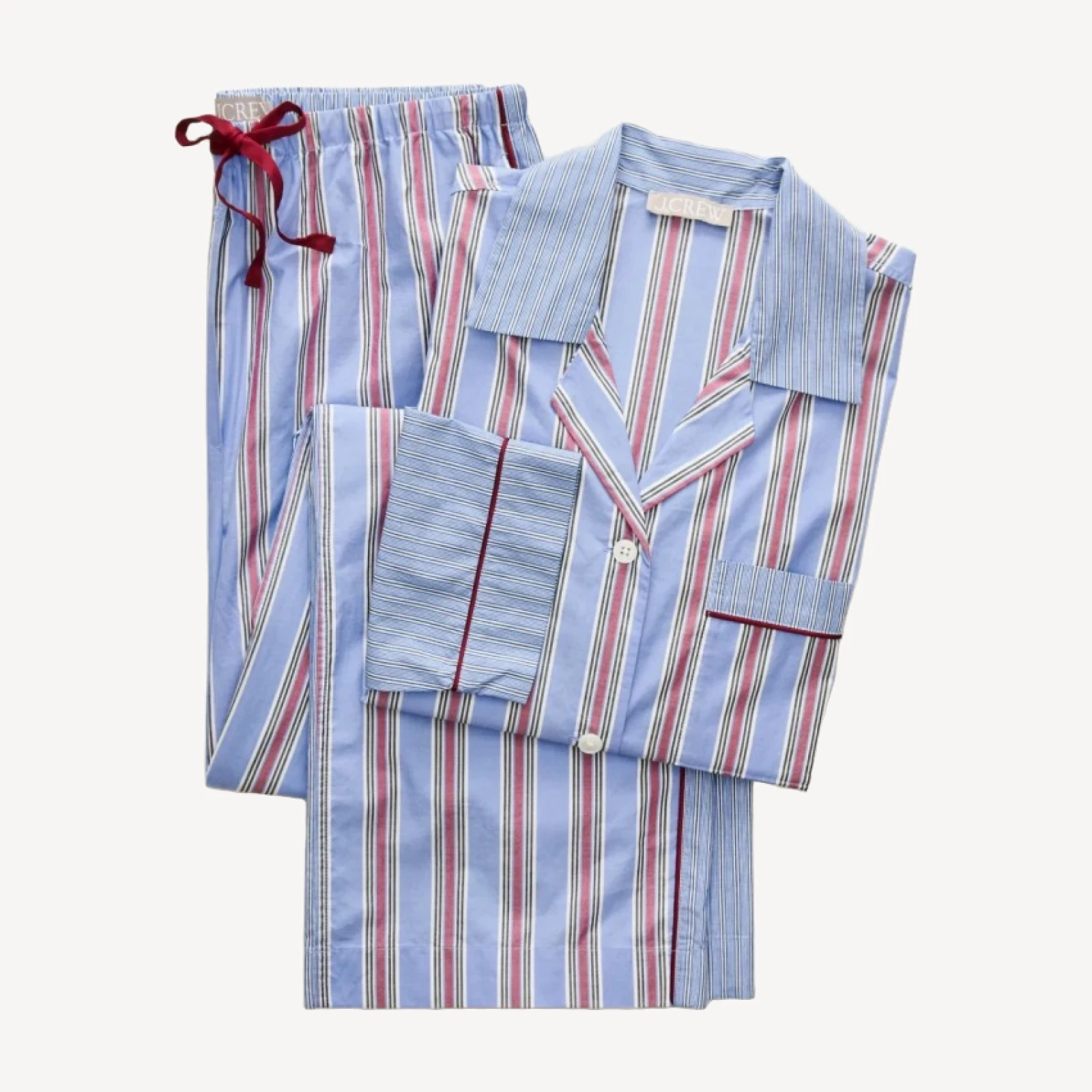Long-sleeve pajama pant set in striped cotton poplin