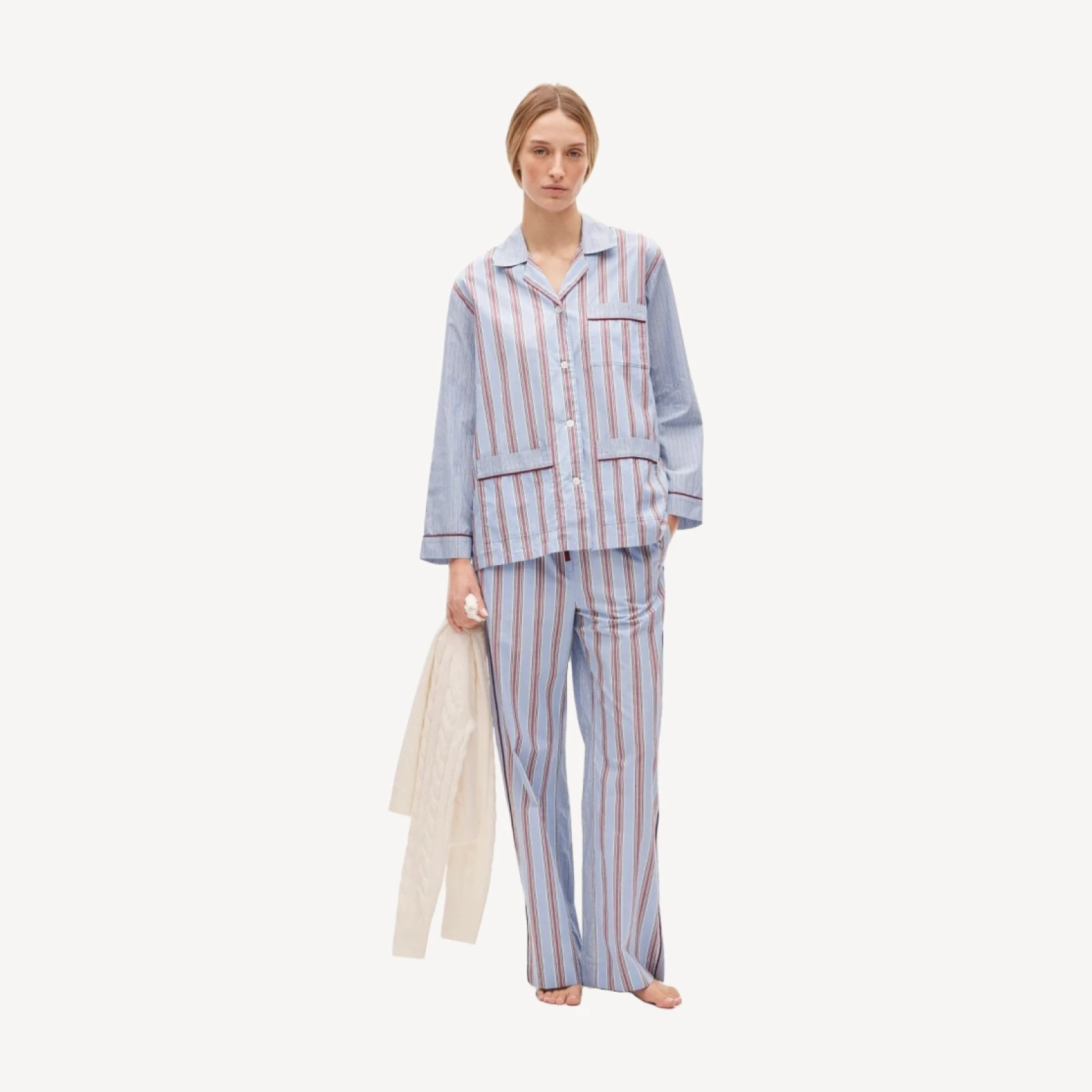 Long-sleeve pajama pant set in striped cotton poplin
