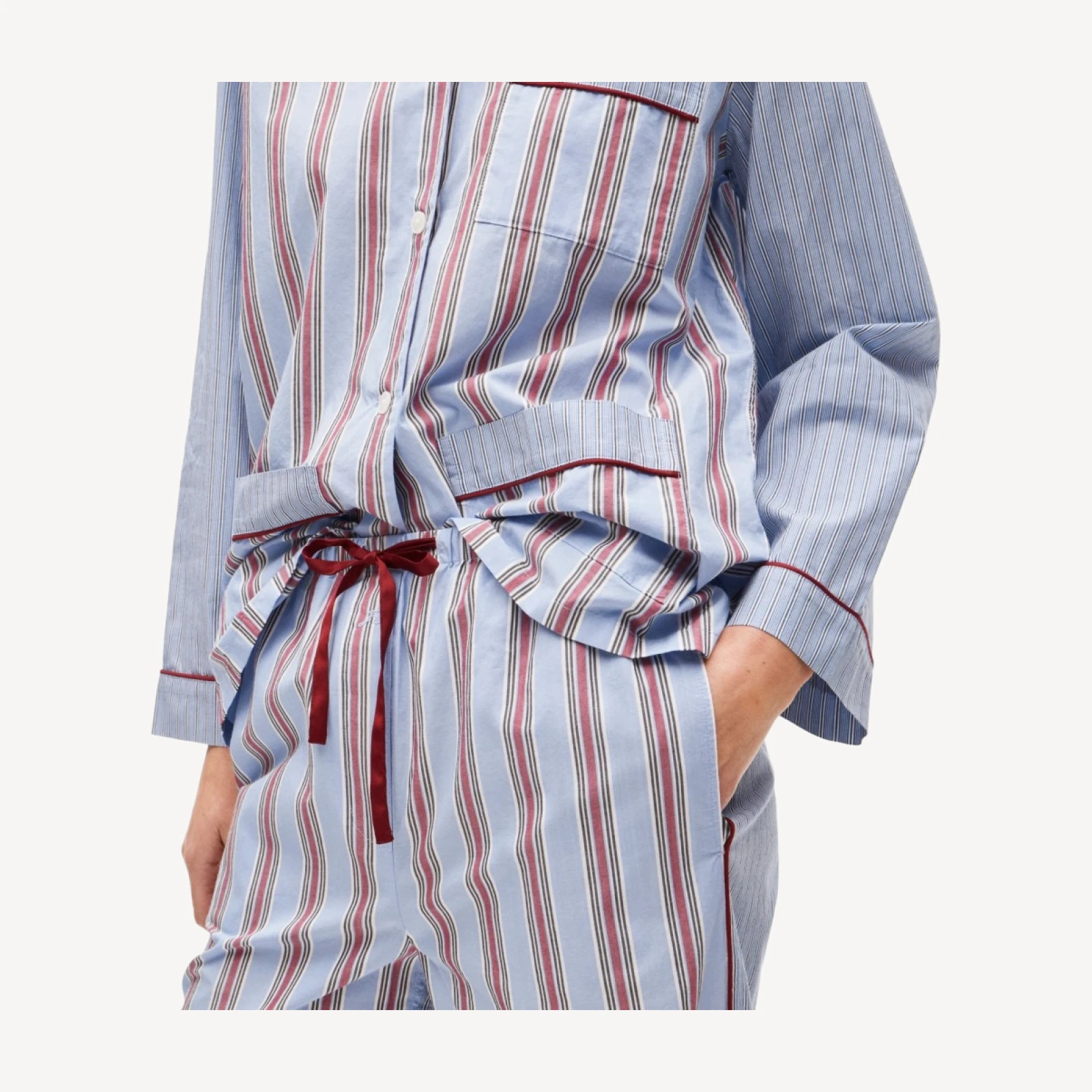 Long-sleeve pajama pant set in striped cotton poplin