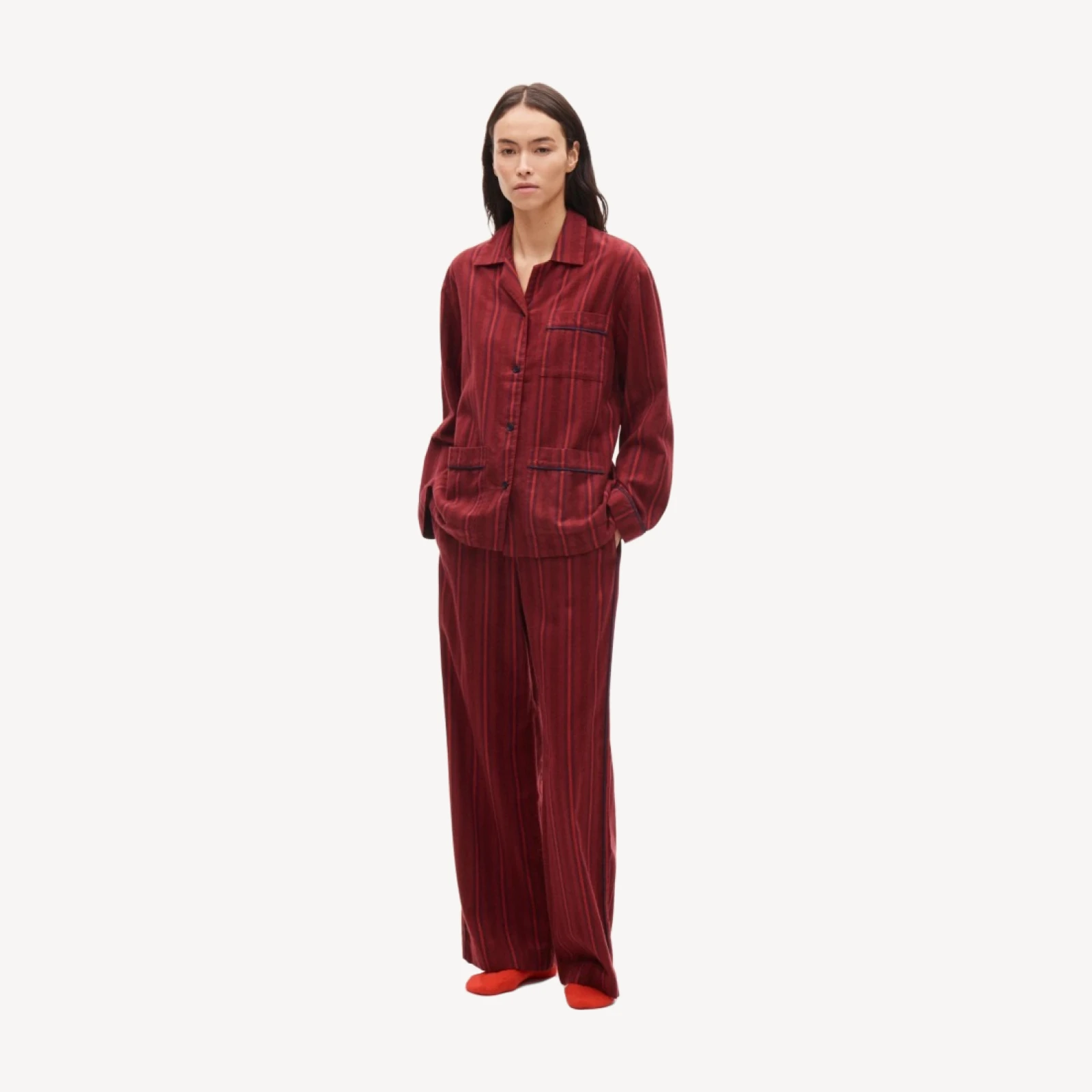 Long-sleeve pajama pant set in striped flannel
