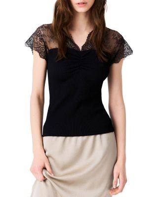 Maje Liliona Lace Yoke Jersey Top