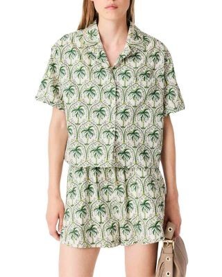 Maje Cotton Palm Print Cropped Shirt