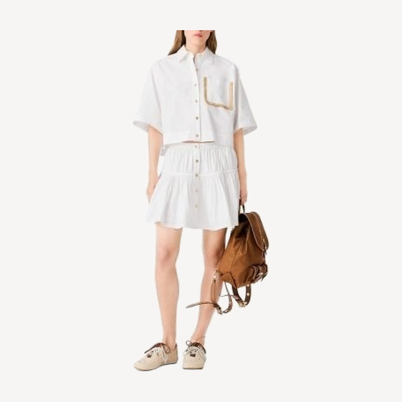 Maje Raffia Trim Cropped Button Up Shirt