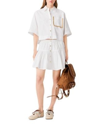 Maje Raffia Trim Cropped Button Up Shirt