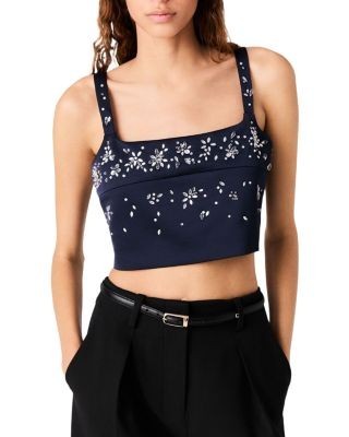 Maje Rhinestone Embroidered Crop Top