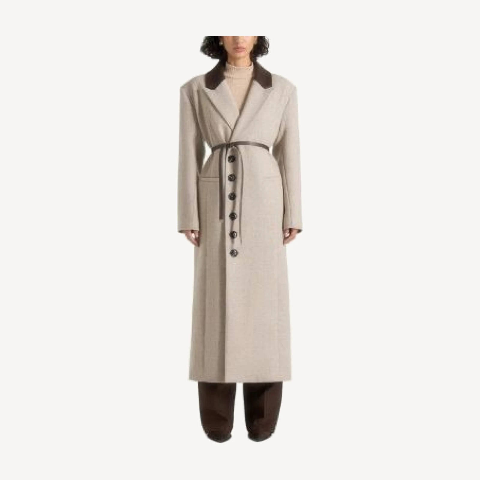 Maniere De Voir Anissa Herringbone Wool Oversized Coat with Faux Leather Belt