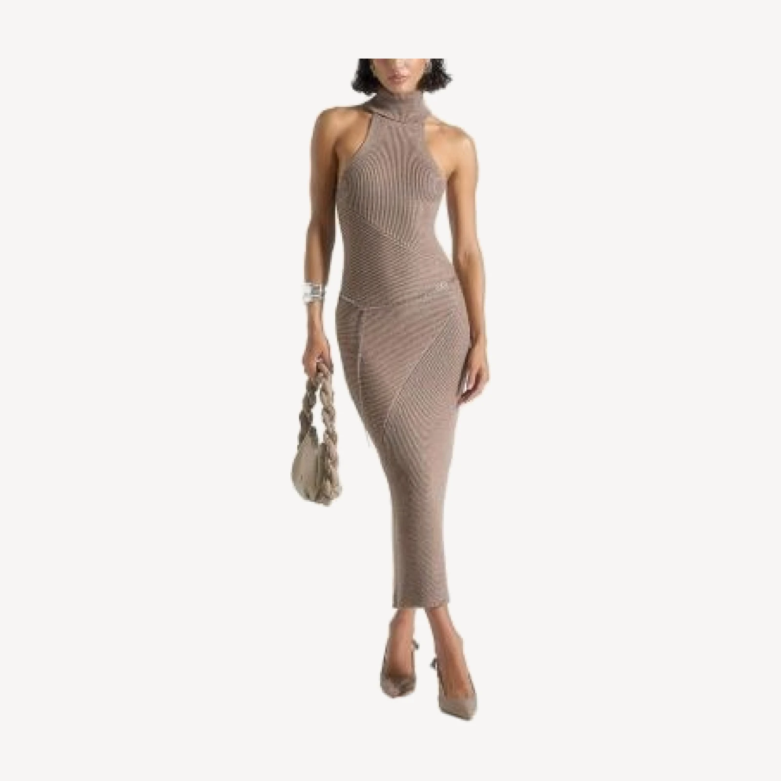 Maniere De Voir Belina Halter Neck Knitted Maxi Dress with Chain