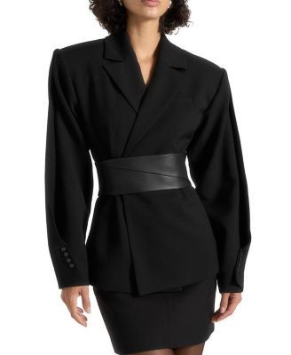 Maniere De Voir Marie Wool Twist Sleeve Blazer with Belt