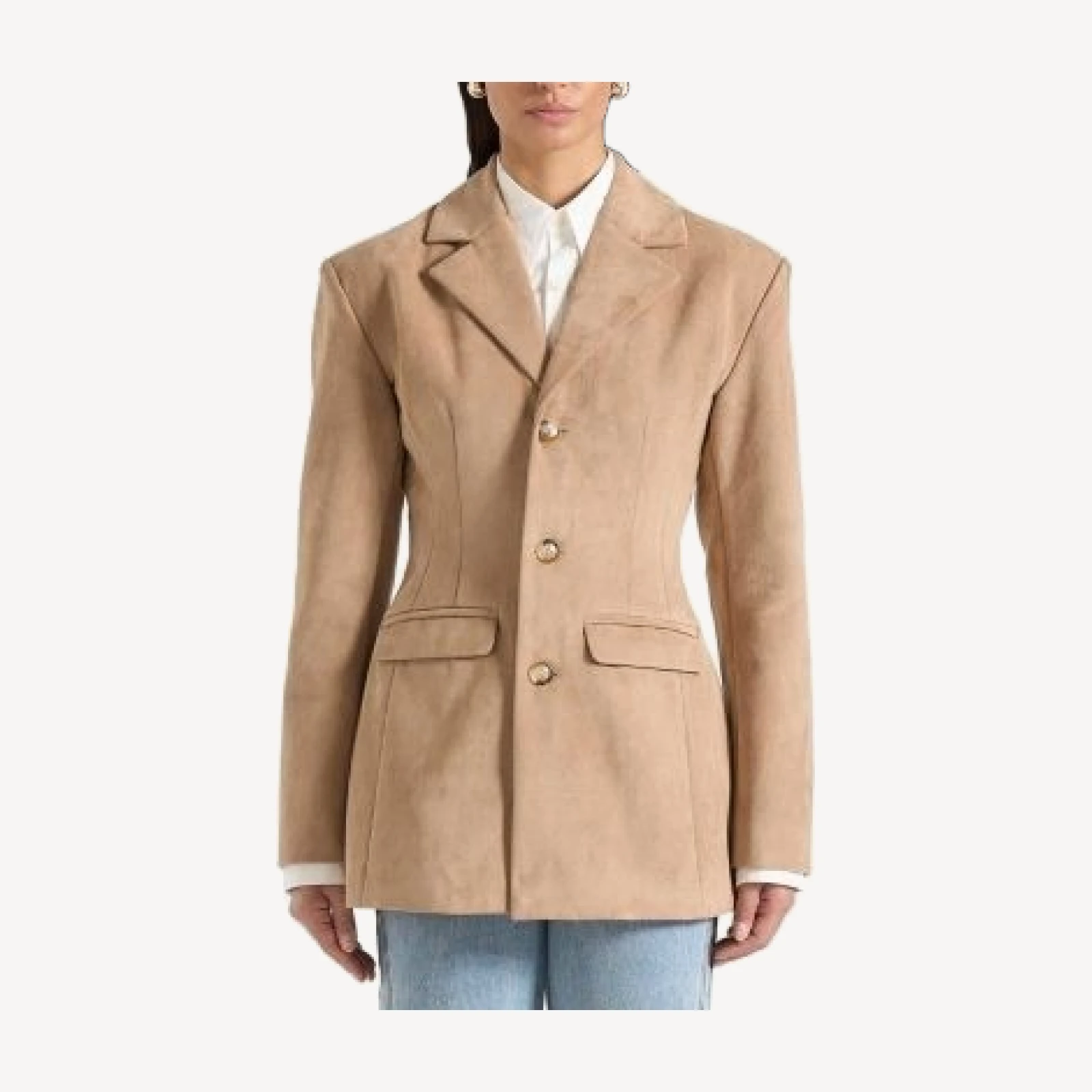 Maniere De Voir Claire Faux Suede Wide Shoulder Cinch Waist Blazer