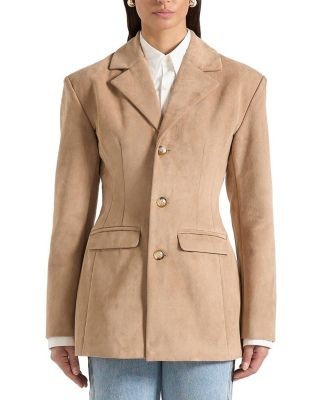 Maniere De Voir Claire Faux Suede Wide Shoulder Cinch Waist Blazer