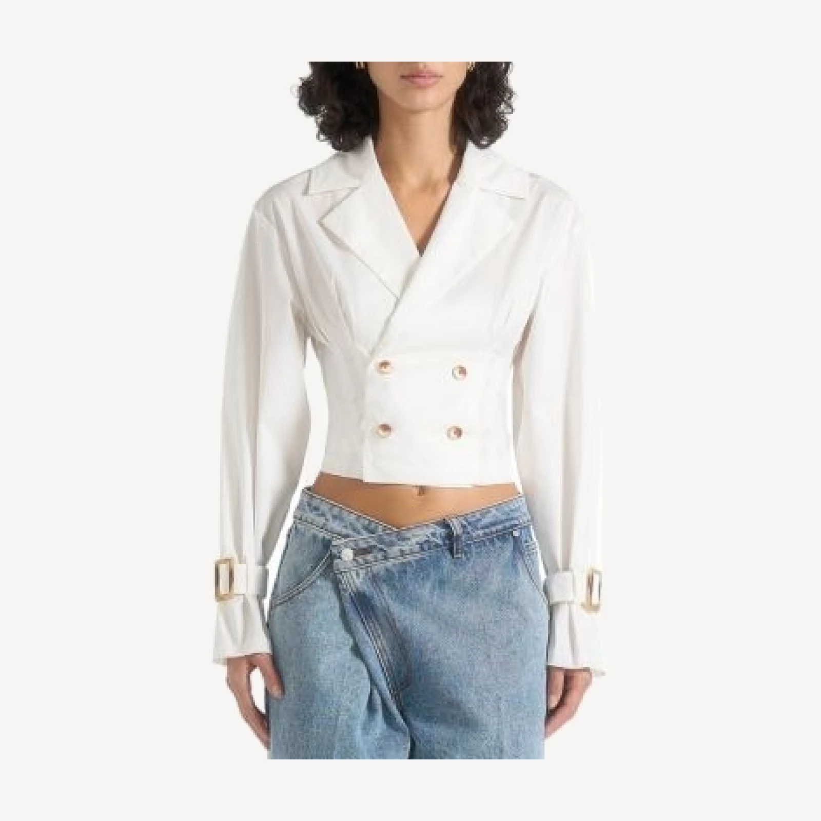 Maniere De Voir Andrea Double Breasted Cropped Shirt with Balloon Sleeves
