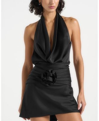 Maniere De Voir Christelle Cowl Halter Open Back Rosette Mini Dress