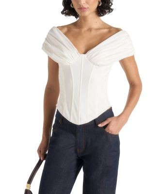Maniere De Voir Ursula Ruched Off shoulder Cotton Corset Top