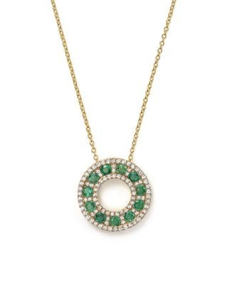 Emerald and Diamond Circle Pendant Necklace in 14K Yellow Gold, 17