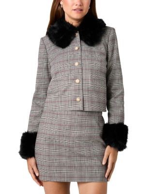 French Connection Leonie Tartan Plaid Faux Fur Trim Jacket