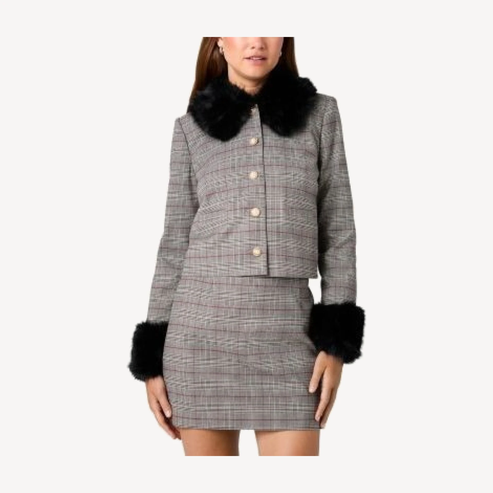 French Connection Leonie Tartan Plaid Faux Fur Trim Jacket