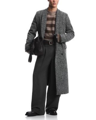 Emporio Armani Herringbone Tweed Double Breasted Wool Blend Overcoat