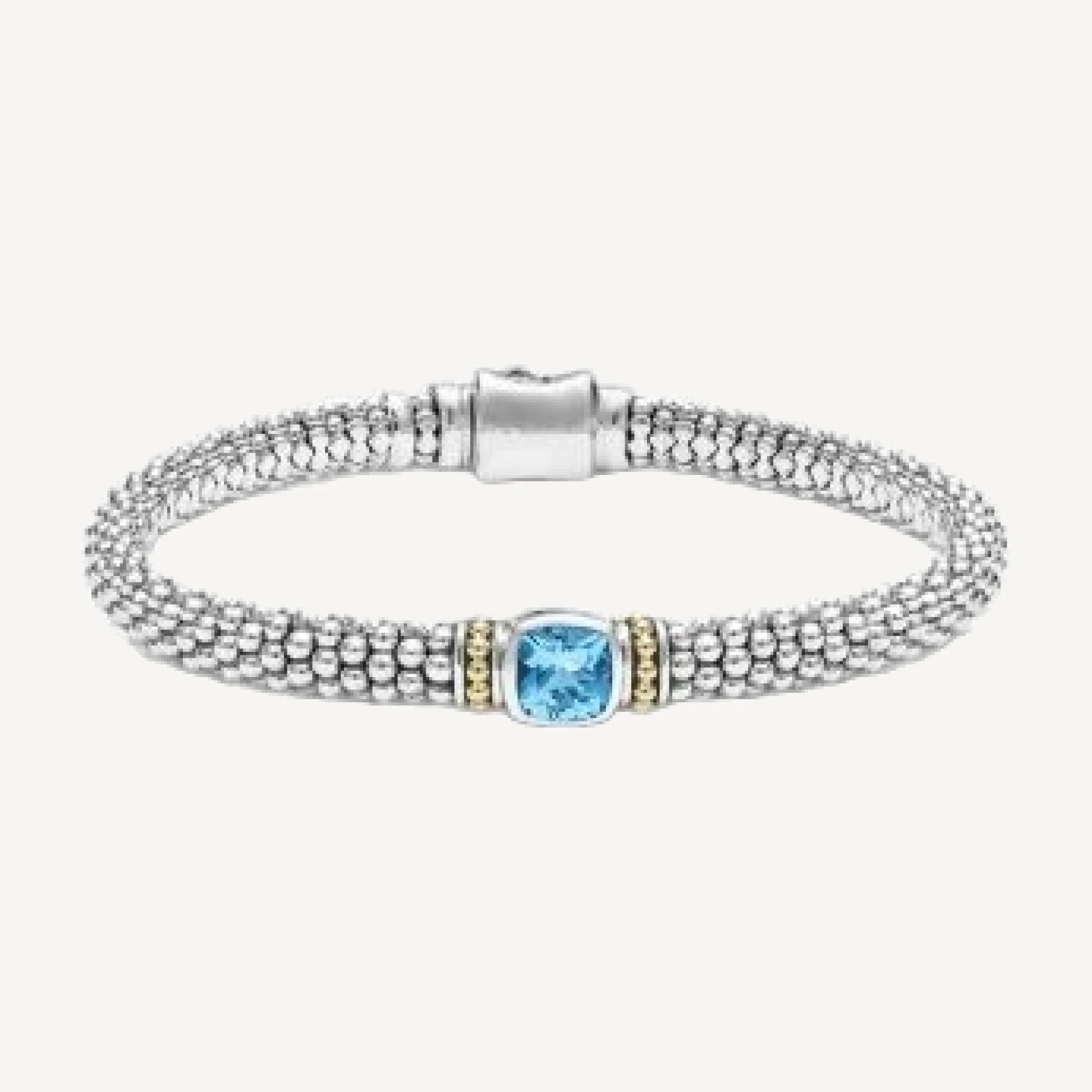 Lagos Sterling Silver & 18K Yellow Gold Caviar Color Blue Topaz Solitaire Link Bracelet