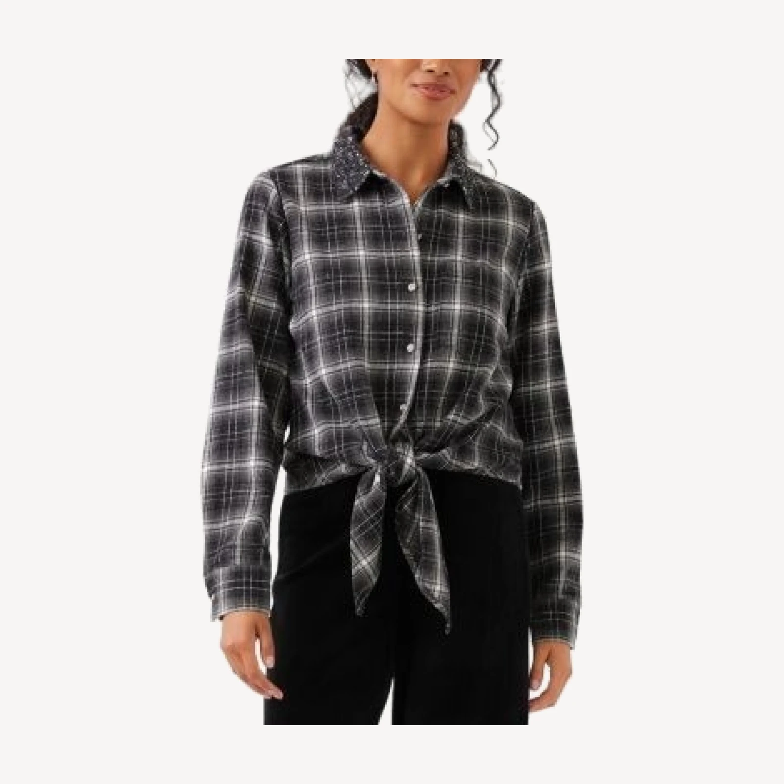 Karen Kane Plaid Tie Front Embellished Collar Shirt