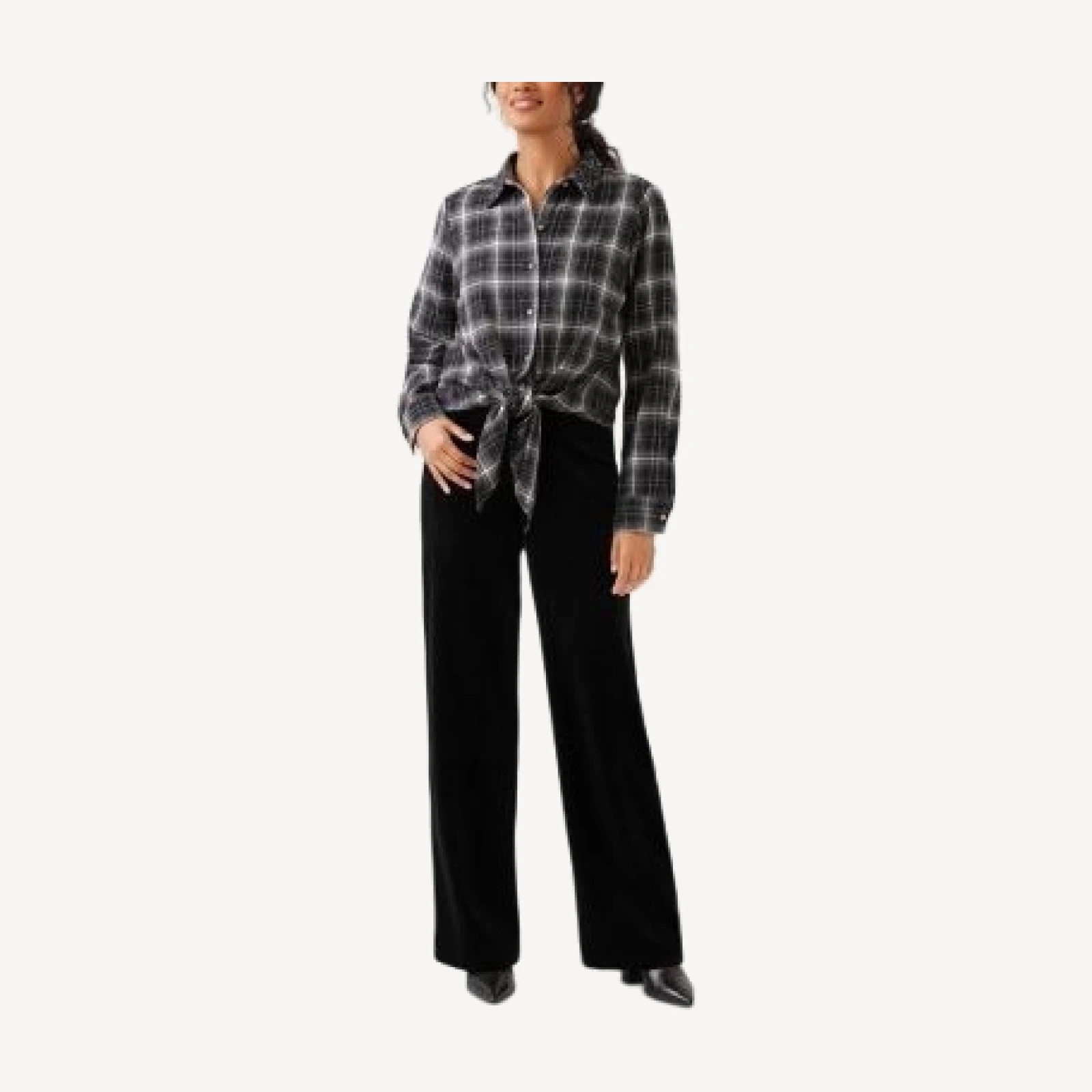 Karen Kane Plaid Tie Front Embellished Collar Shirt