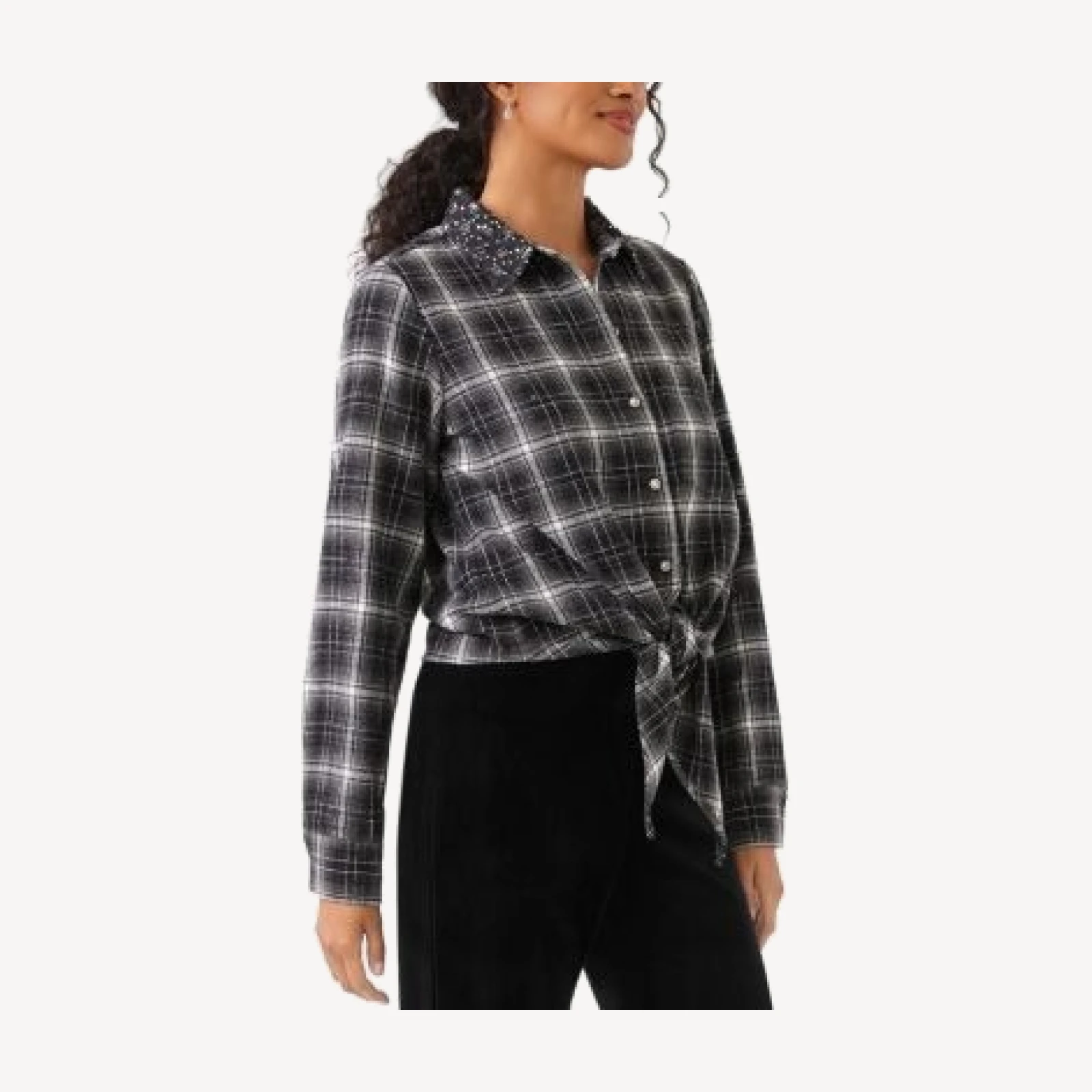 Karen Kane Plaid Tie Front Embellished Collar Shirt