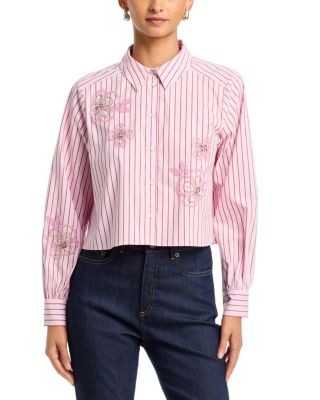 Cinq a Sept Stripe Beaded Floral Top