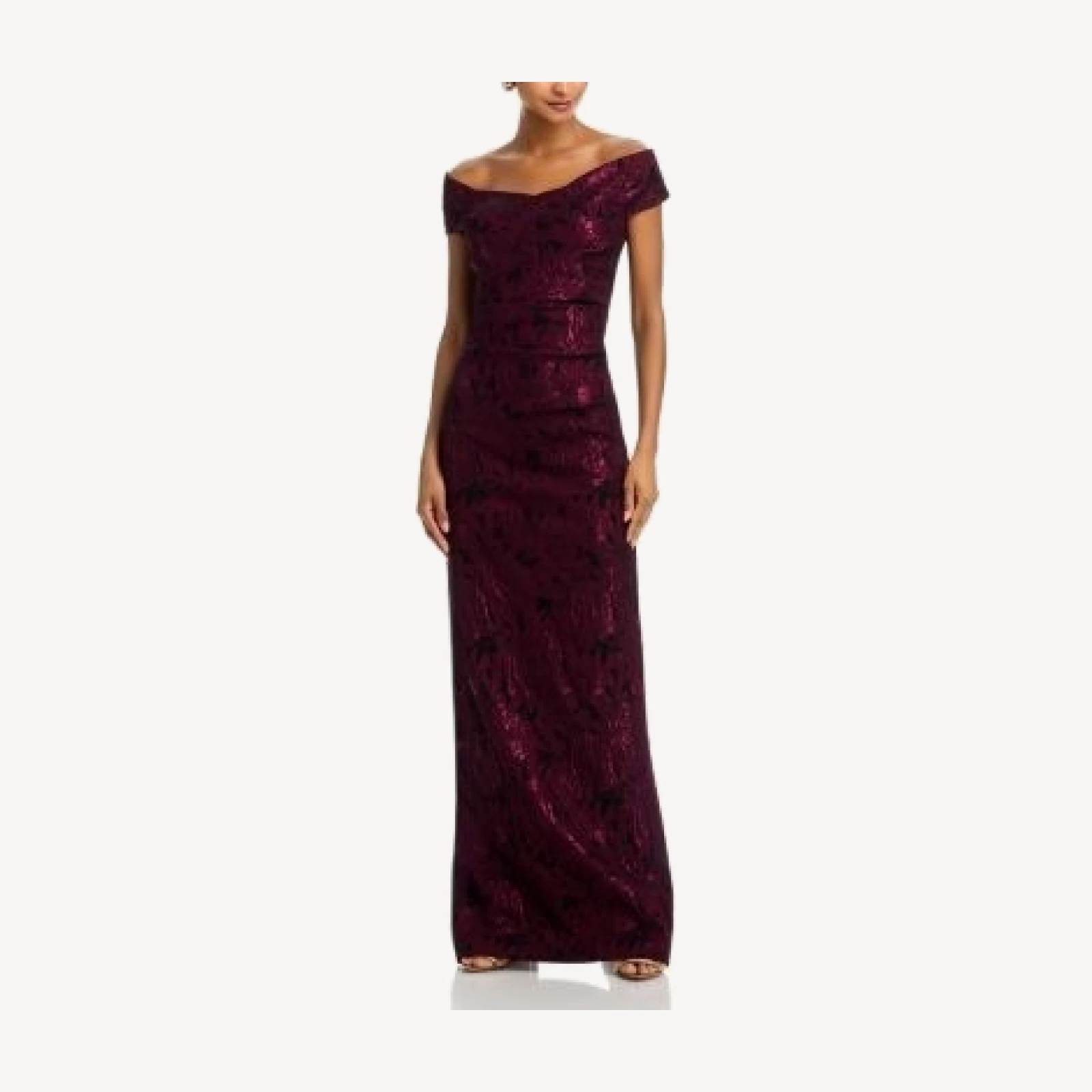 Teri Jon by Rickie Freeman Floral Stretch Jacquard Off-the-Shoulder Ruched Gown