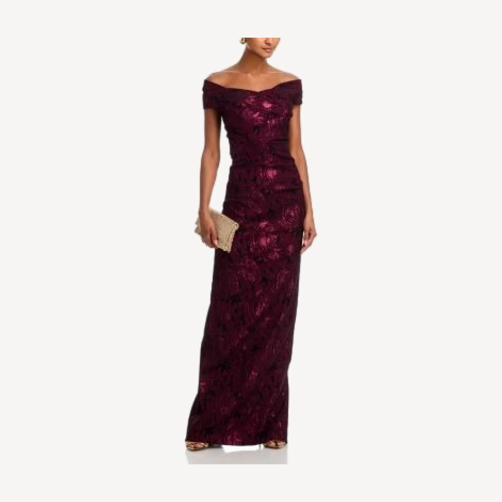 Teri Jon by Rickie Freeman Floral Stretch Jacquard Off-the-Shoulder Ruched Gown