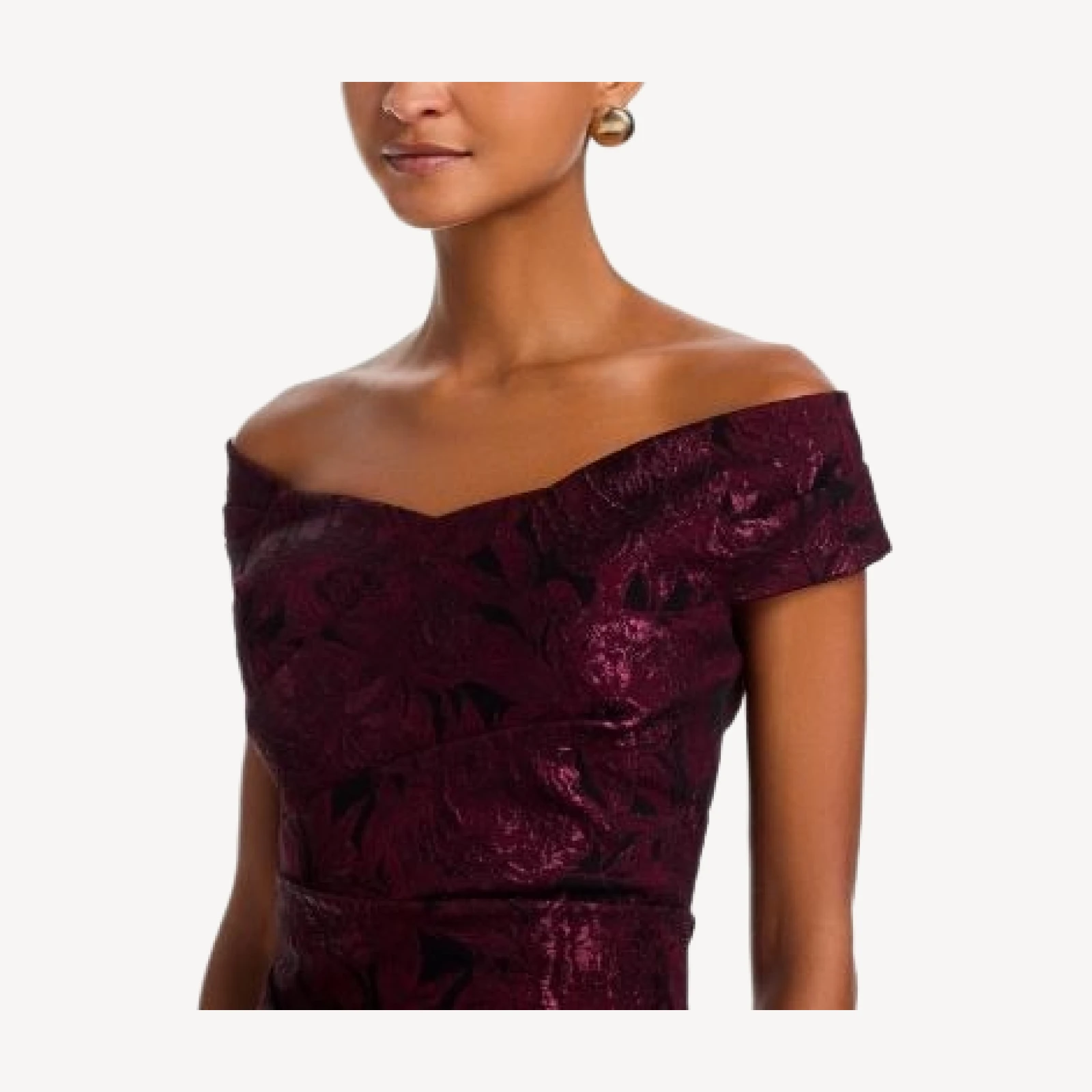 Teri Jon by Rickie Freeman Floral Stretch Jacquard Off-the-Shoulder Ruched Gown