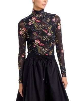 Cinq a Sept Love Letter Shirred Floral Mesh Turtleneck