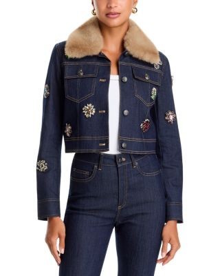Cinq a Sept Lexie Baroque Patches Faux Fur Collar Denim Jacket