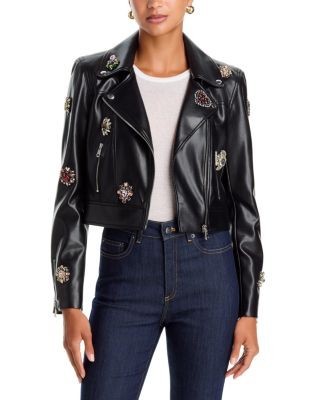 Cinq a Sept Genevieve Baroque Patches Faux Leather Jacket