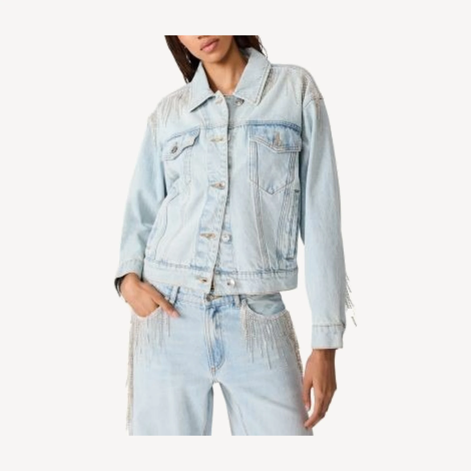 Steve Madden Clarke Crystal Fringe Denim Jacket