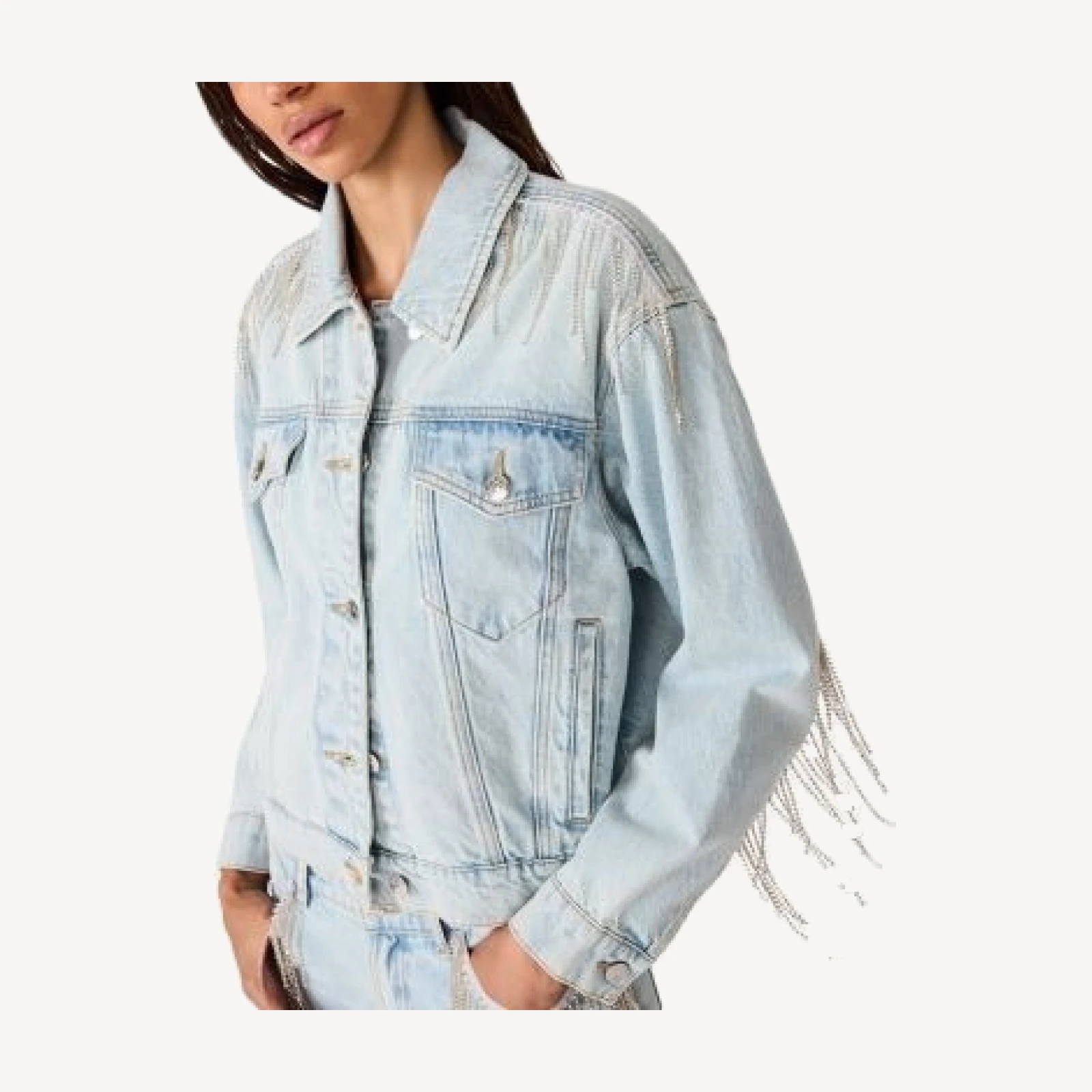 Steve Madden Clarke Crystal Fringe Denim Jacket