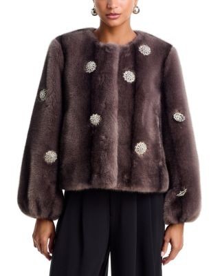 Cinq a Sept Pearl Drop Rhinestone Embellished Faux Fur Coat