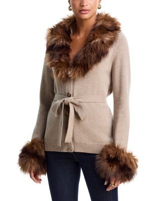 Cinq a Sept Sandy Wool Blend Faux Fur Trim Cardigan