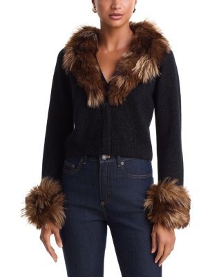 Cinq a Sept Della Faux Fur Trim Wool V Neck Cardigan